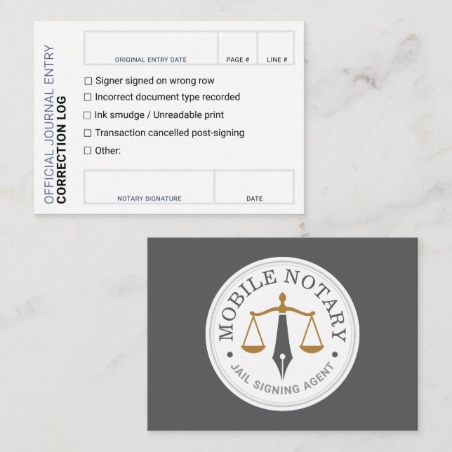 Notary Journal Error Correction Log grey card (Front/Back)