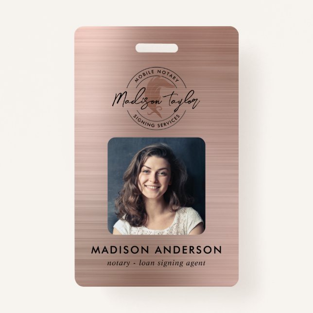 Notary Loan Agent Brushed Rose Gold Quill Photo Badge (Front)