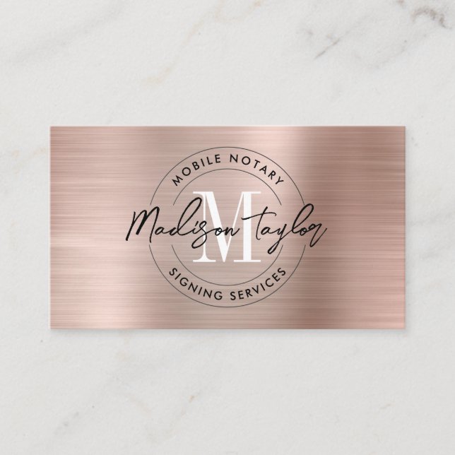 Notary Loan Agent Rose Gold Pink Metallic Monogram Business Card (Front)