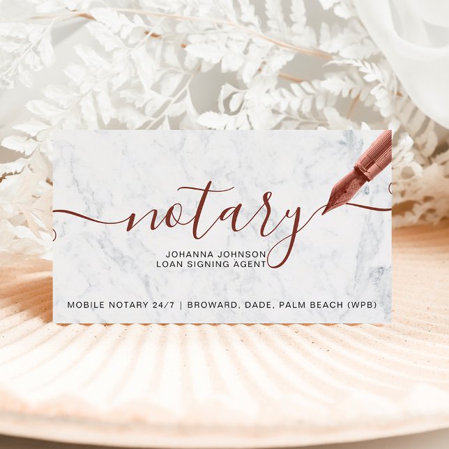 Notary loan rose gold white marble typography business card (Creator Uploaded)