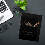 Notary loan signing agent black gold 2025 planner<br><div class="desc">A chic black background,  decorated with a feather pen.  Personalize and add a name and year(s).  Golden text: Notary</div>