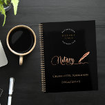 Notary loan signing agent black gold 2025 planner<br><div class="desc">A chic black background,  decorated with a feather pen.  Personalize and add your logo,  a name and year(s).  Golden text: Notary
Back: your logo,  and a QR-code to your website.  Delete if not wanted.</div>