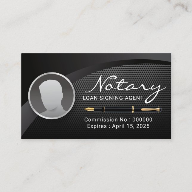 Notary Loan Signing Agent Black Metal Photo Business Card (Front)