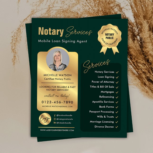 Notary Loan Signing Agent Green & Gold Logo Photo Flyer (Modern green and gold notary public marketing flyer with your custom photo and logo)