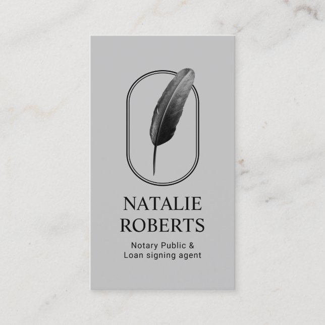 Notary Loan Signing Agent Modern Quill Logo Silver Business Card (Front)