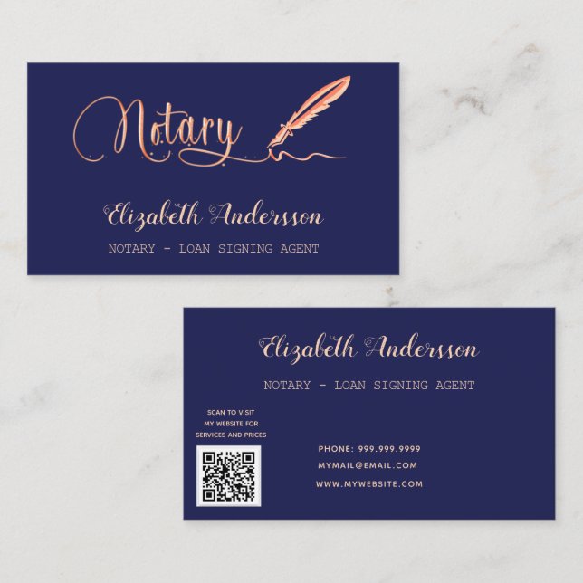 Notary loan signing agent navy blue gold QR code Business Card (Front/Back)