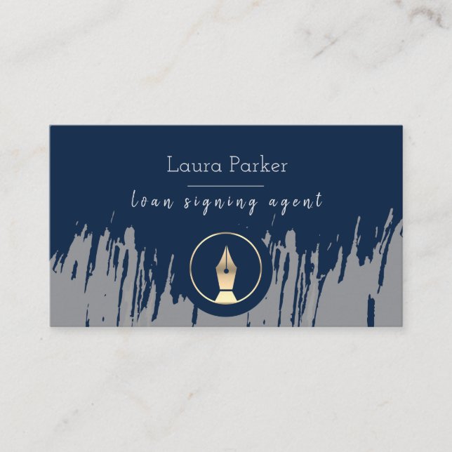 Notary Loan Signing Agent Nib Grey Gold Writer Business Card (Front)