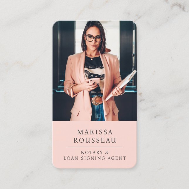 Notary Loan Signing Agent Peach Pink Photo QR Code Business Card (Front)