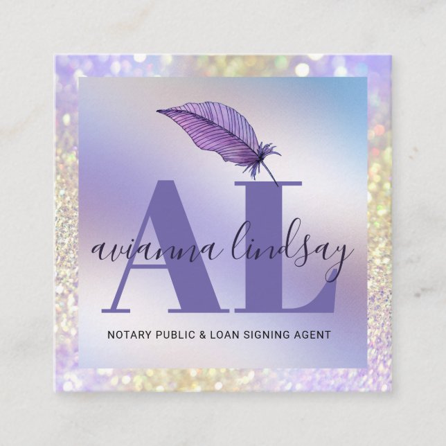 Notary Loan Signing Agent Purple Glitter Monogram  Square Business Card (Front)