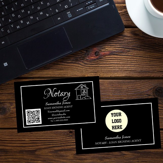 Notary Loan Signing Agent QR Code Scannable Black Business Card (Creator Uploaded)