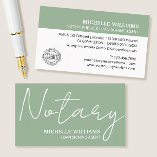Notary Loan Signing Agent Script Logo Sage Green Business Card