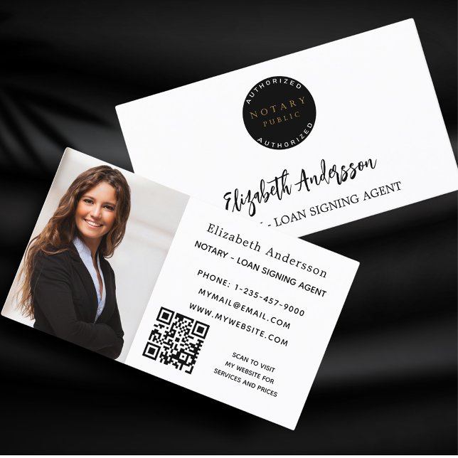 Notary loan signing agent white photo QR logo Business Card (Creator Uploaded)