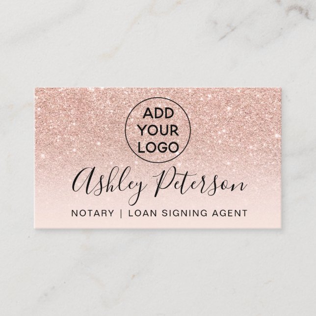 Notary logo typography blush rose gold glitter business card (Front)