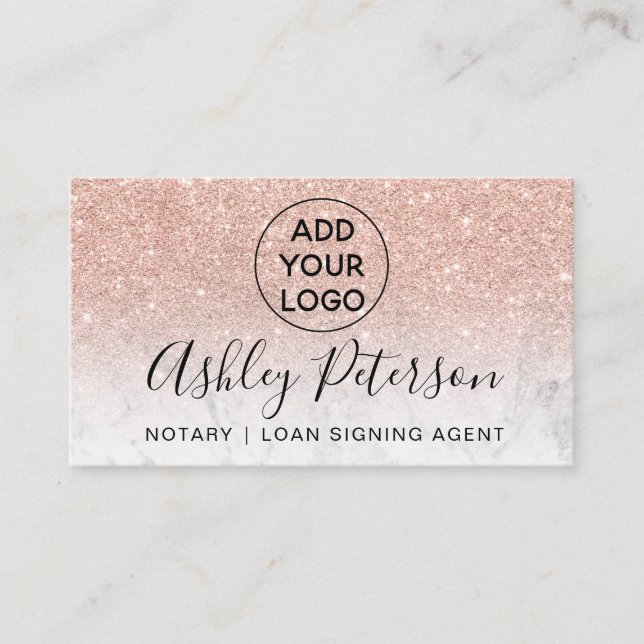 Notary logo typography marble rose gold glitter business card (Front)