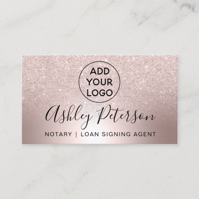 Notary logo typography metallic rose gold glitter business card (Front)