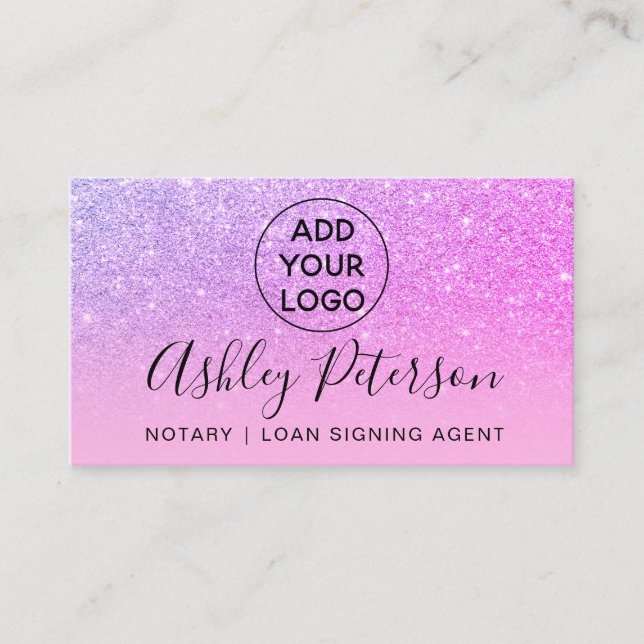 Notary logo typography purple pink glitter business card (Front)