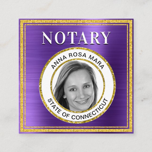 *~* NOTARY PHOTO  METAL PURPLE Signing Agent Squar Square Business Card (Front)