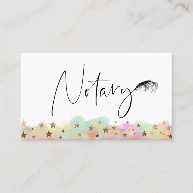 *~* NOTARY PHOTO Pen Feather Signing Agent Stars Business Card (Front)
