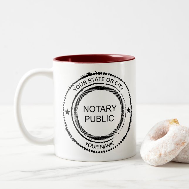 Notary Public Distressed Seal City Name Customized Two-Tone Coffee Mug (With Donut)