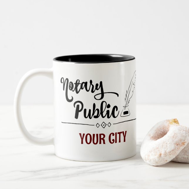 Notary Public Feather Quill Your City Customized Two-Tone Coffee Mug (With Donut)