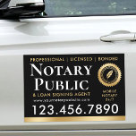 Notary Public Loan Signing Agent Gold Black Car Magnet<br><div class="desc">Promote your business on trips and during events with this elegant 'Notary Public & Loan Signing Agent' car magnet. A stylish template personalized with your service information, telephone number, website and availability. This design features a quill feather writing pen inside a seal shaped symbol, but you can replace this with...</div>