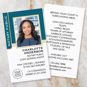 Notary Public Loan Signing Agent Photo Teal Gold Business Card