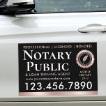 Notary Public Loan Signing Agent Rose Gold Black Car Magnet<br><div class="desc">Promote your business on trips and during events with this elegant 'Notary Public & Loan Signing Agent' car magnet. A stylish template personalized with your service information, telephone number, website and availability. This design features a quill feather writing pen inside a seal shaped symbol, but you can replace this with...</div>