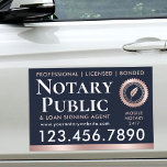 Notary Public Loan Signing Agent Rose Gold Blue Car Magnet<br><div class="desc">Promote your business on trips and during events with this elegant 'Notary Public & Loan Signing Agent' car magnet. A stylish template personalized with your service information, telephone number, website and availability. This design features a quill feather writing pen inside a seal shaped symbol, but you can replace this with...</div>