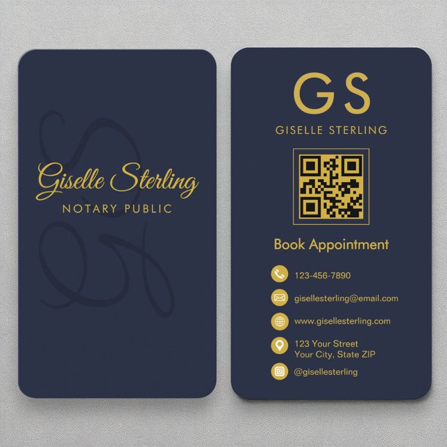 Notary Public Monogram Navy Blue Gold QR Code Business Card (Creator Uploaded)