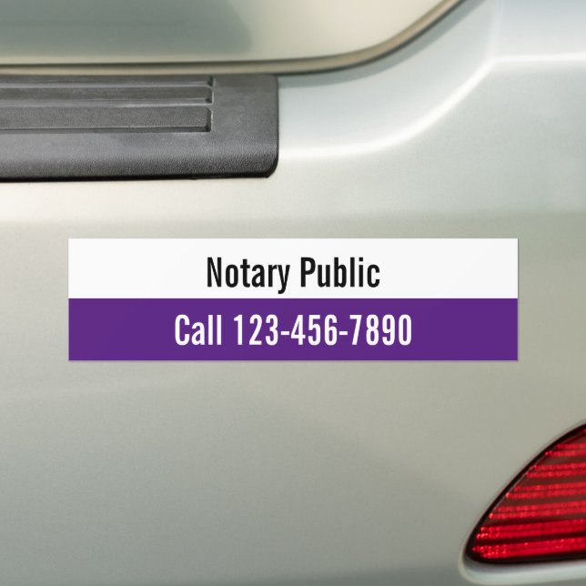 Notary Public Royal Purple and White Phone Number Bumper Sticker (On Car)