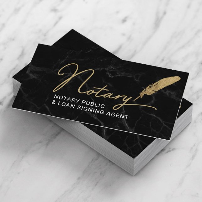 Notary Public Signing Agent Gold Quill Pen Marble Business Card (Creator Uploaded)