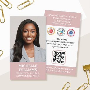 Notary Public Signing Agent Photo QR Code Pink Business Card