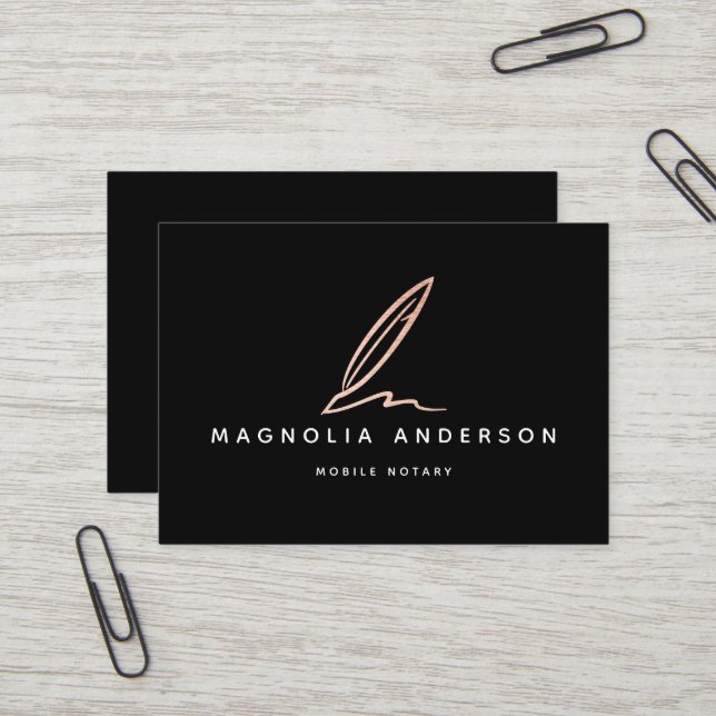 Notary Public Signing Agent Rose Gold Foil Quill  Business Card (Front/Back In Situ)