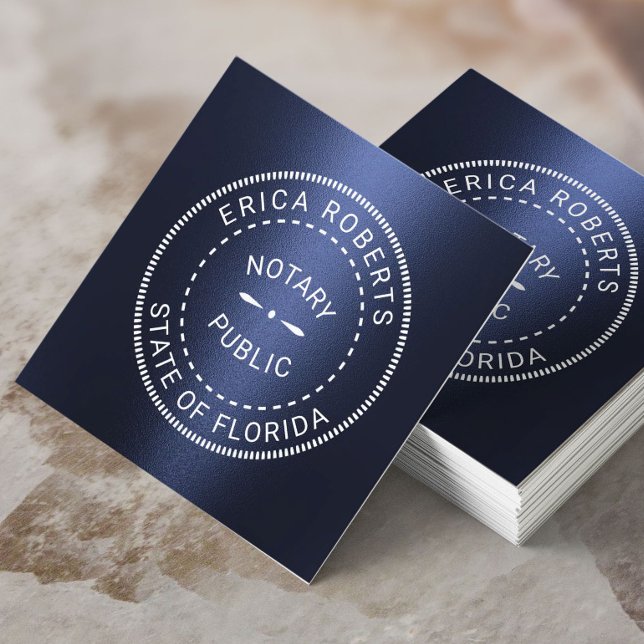 Notary Public Stamp Modern Navy Blue Metallic Square Business Card (Creator Uploaded)