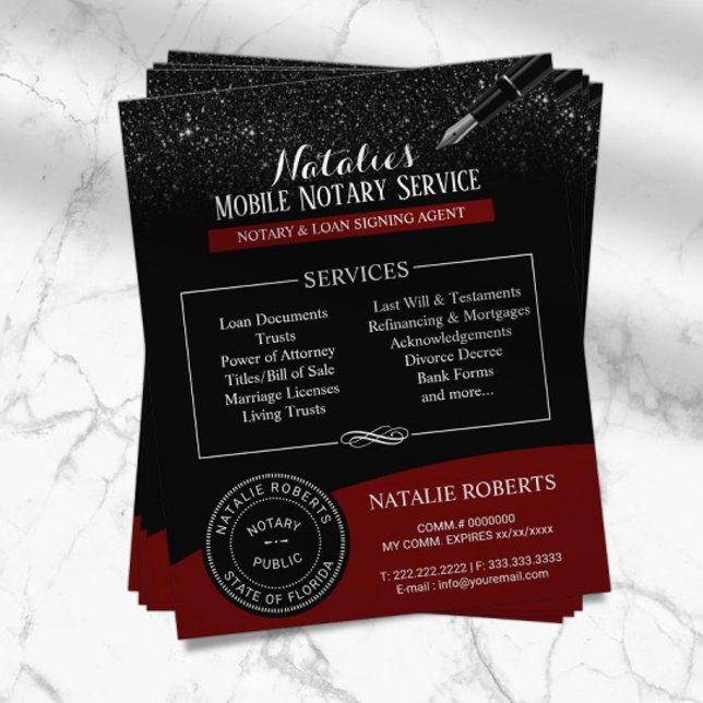 Notary Public Stamp Modern Red & Black Glitter Flyer (Creator Uploaded)
