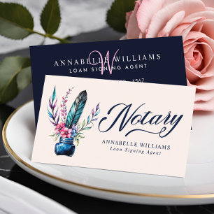 Notary Public Watercolor Quill Feather Monogram Business Card