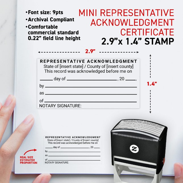 Notary Representative Acknowledgement Certificate Self-inking Stamp (Short form universal notary acknowledgment in a representative capacity mini self-inking stamp)