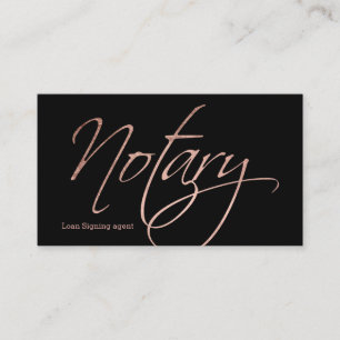Notary script faux rose gold typography black business card