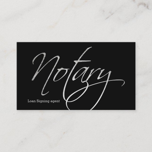 Notary script faux silver typography black business card (Front)