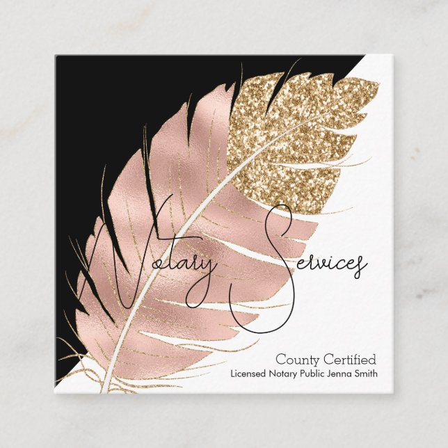 Notary Services Pink Gold Glitter Chic Black Square Business Card (Front)