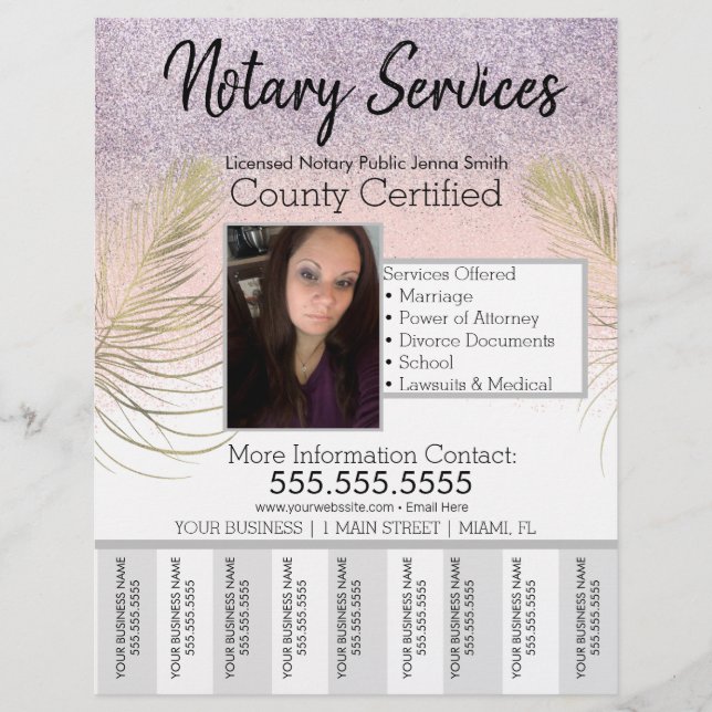 Notary Services Pink Gold Glitter Tear Off Photo Flyer (Front)