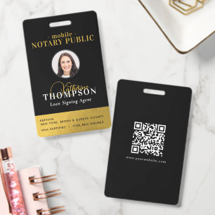 Notary Signing Agent Black Gold Photo QR Code Badge