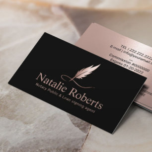 Notary Signing Agent Chic Rose Gold Quill Logo Business Card