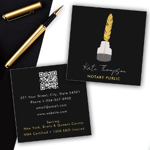 Notary Signing Agent Feather Quill Pen Black Gold Square Business Card