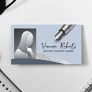 Notary Signing Agent Modern Blue & Silver Photo Business Card