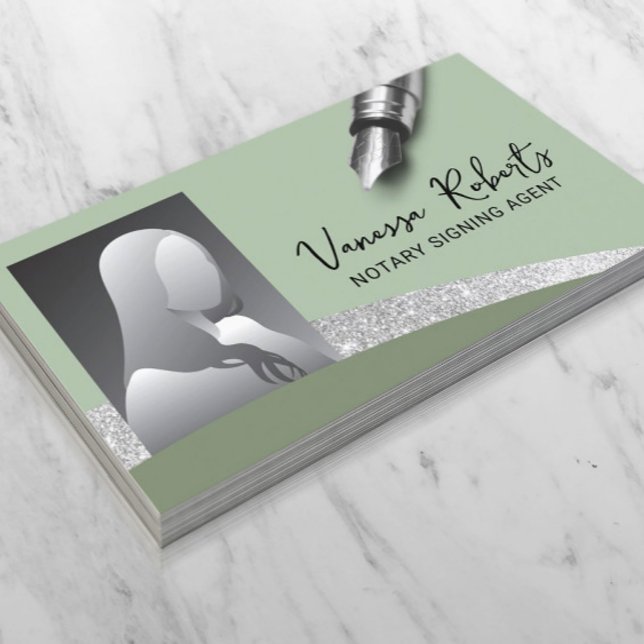 Notary Signing Agent Modern Sage Green Photo Business Card (Creator Uploaded)