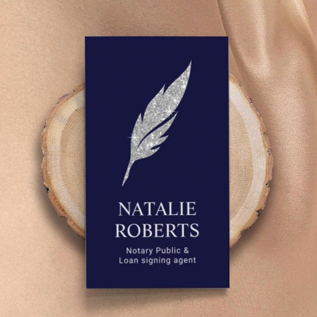 Notary Signing Agent Modern Silver Quill Logo Navy Business Card (Creator Uploaded)
