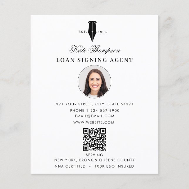 Notary Signing Agent  Modern White QR Code Photo Flyer (Front)