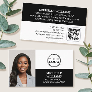 Notary Signing Agent Photo Logo QR Code Black Business Card