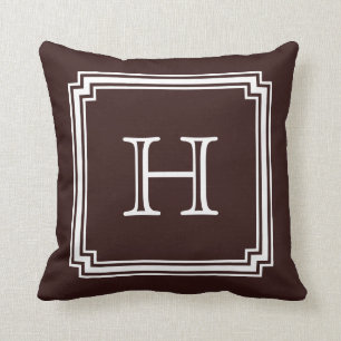 Notched Corner Frame Brown Background Monogram Throw Pillow